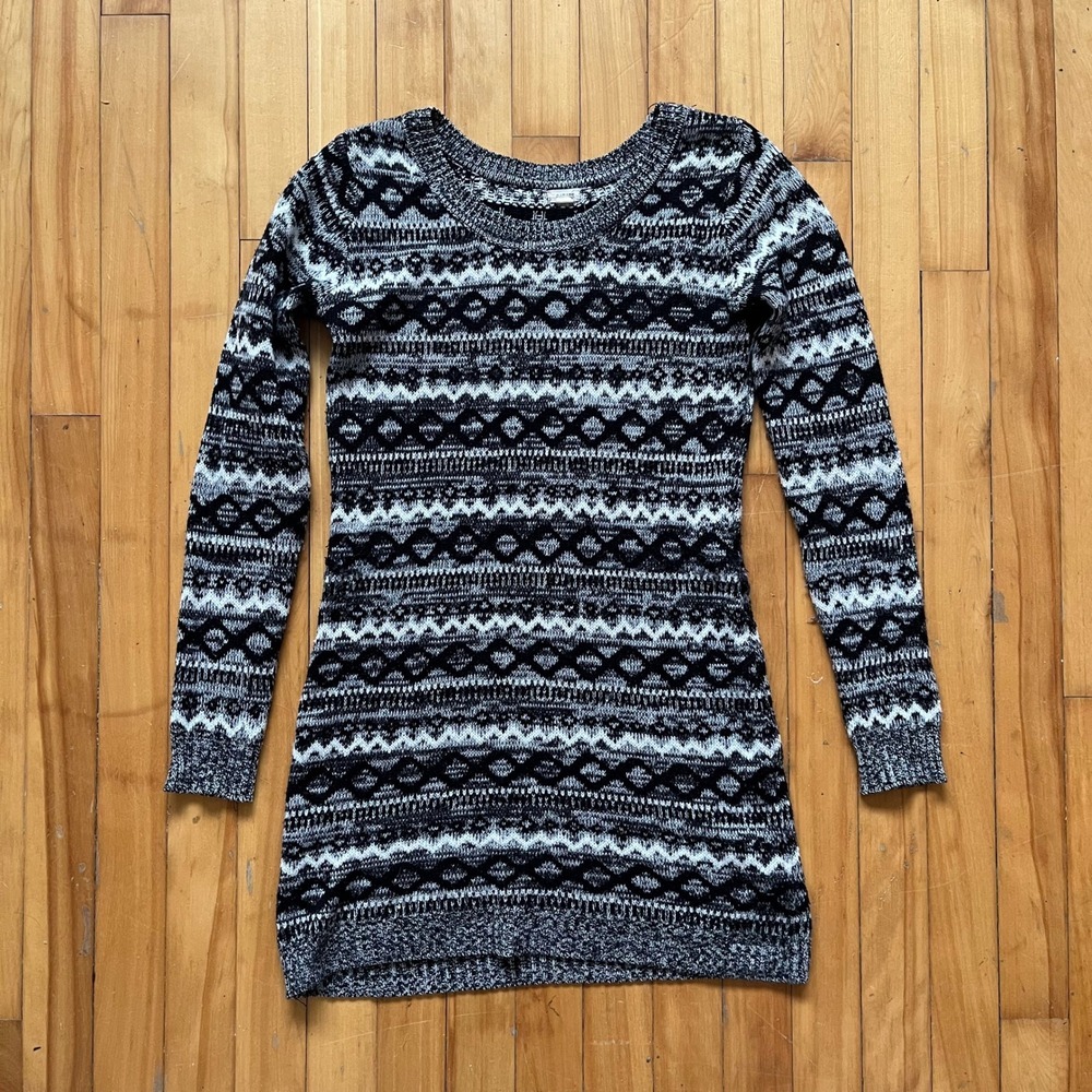 GARAGE Fair Isle Knit Sweater Dress Black White Gray M M